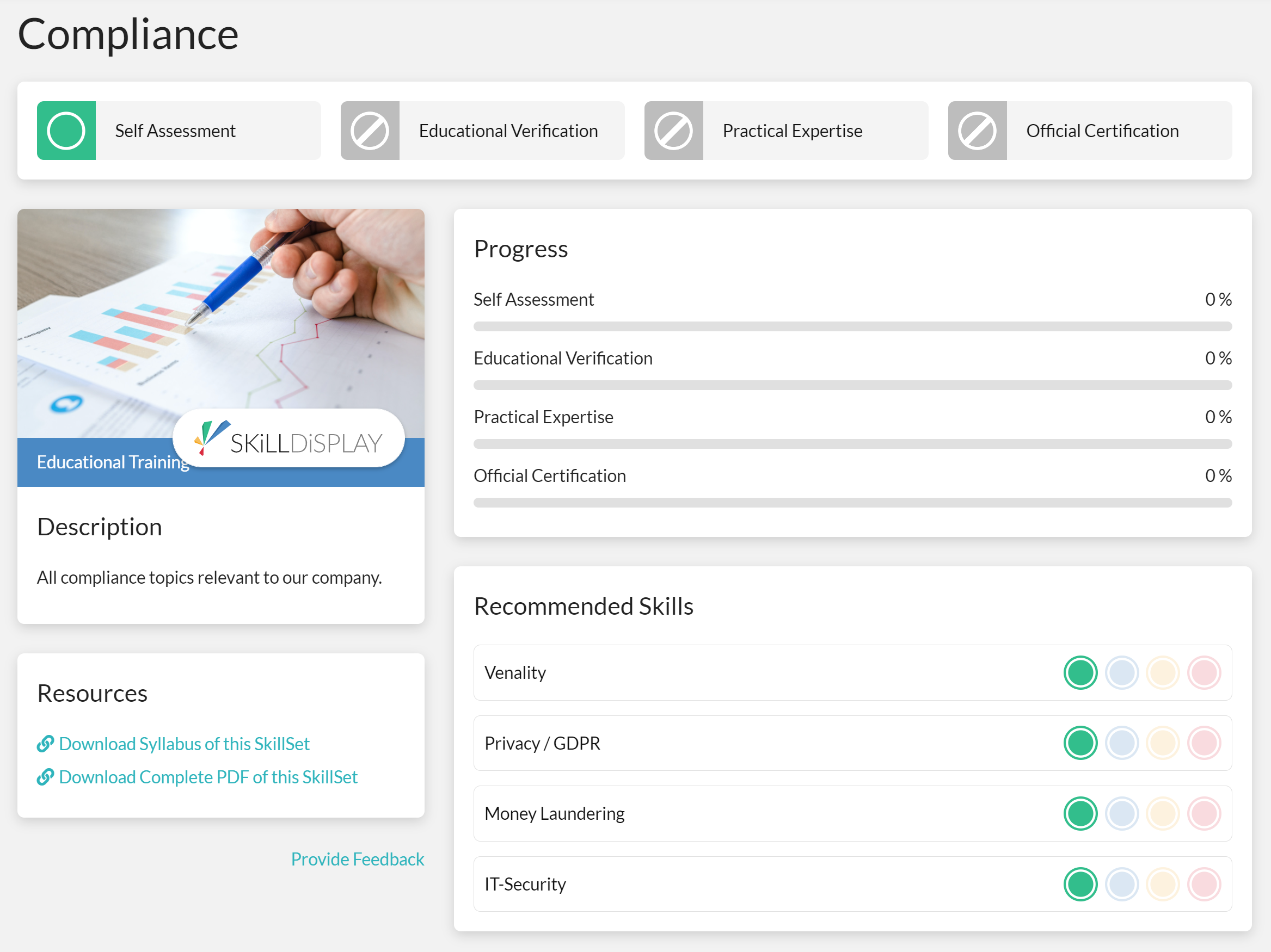 The SkillDisplay UI showing a compliance skillset including description, skill list and user progress