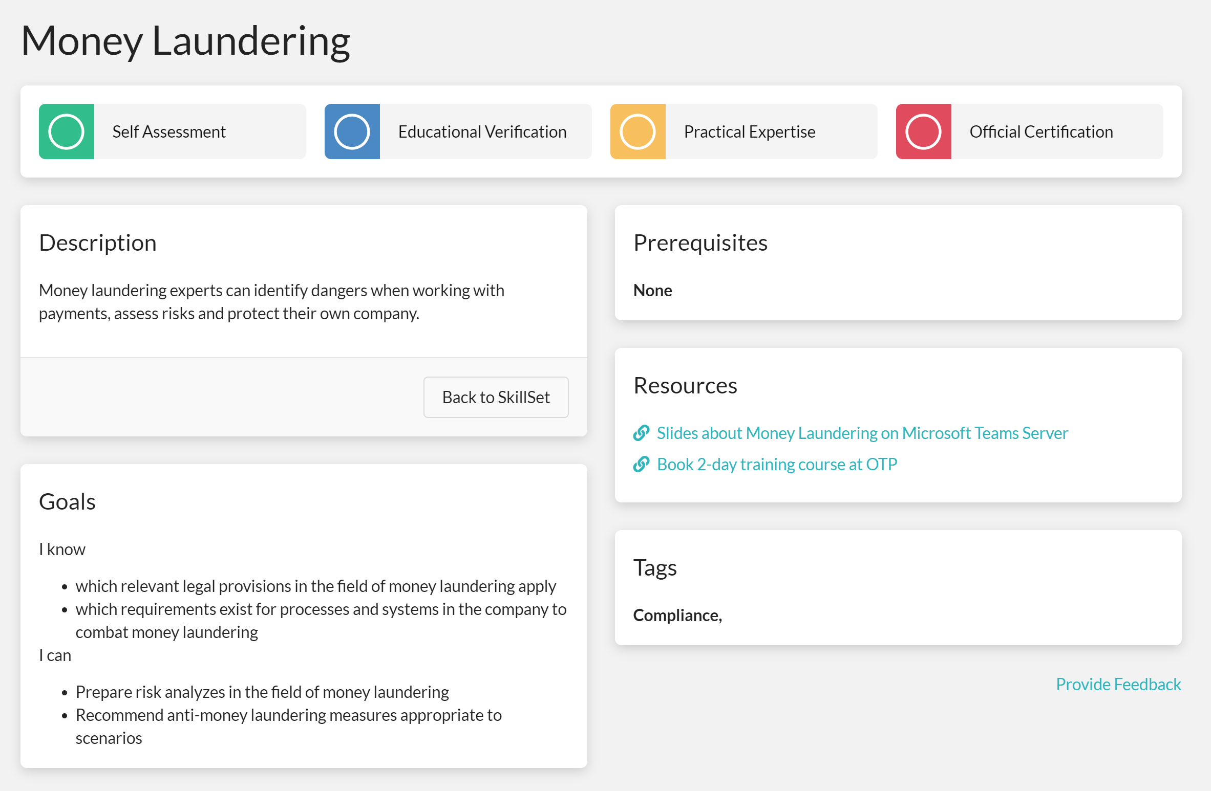 The single skill view for the compliance skill: money laundering, showing a description, clear learning goals, resources and the users progress