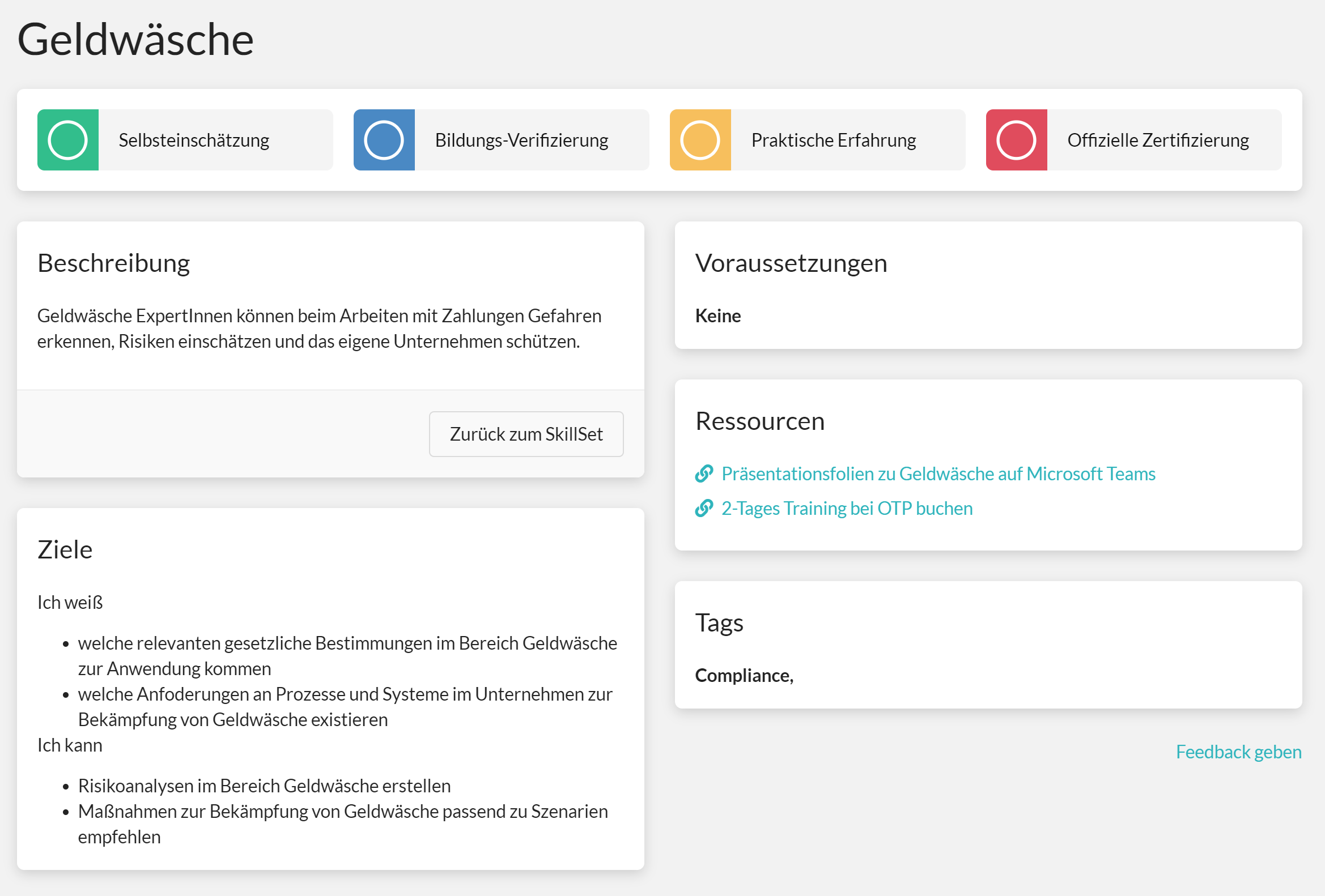 Die Einzelskill Ansicht für den Compliance Skill: Geldwäsche. Die Ansicht zeigt eine Beschreibung, klare Lernziele, Ressourcen und den Fortschritt des Benutzers.