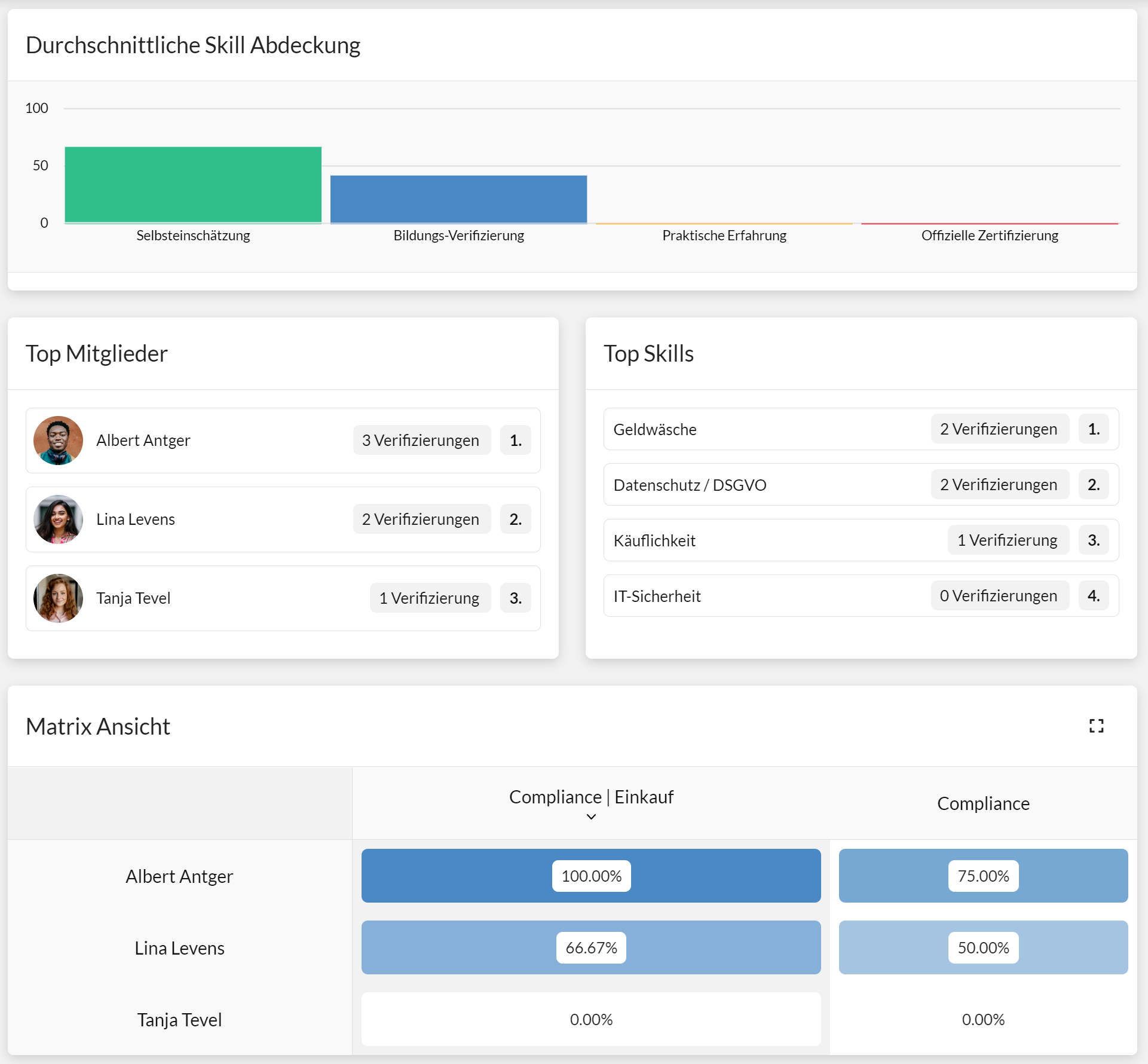 Die SkillDisplay Organisationsstatistik Ansicht, die durchschnittliche Skill Abdeckung, Top Mitglieder, Top Skills und die Matrix Ansicht von Benutzern und ihren Kompetenzen zeigt.