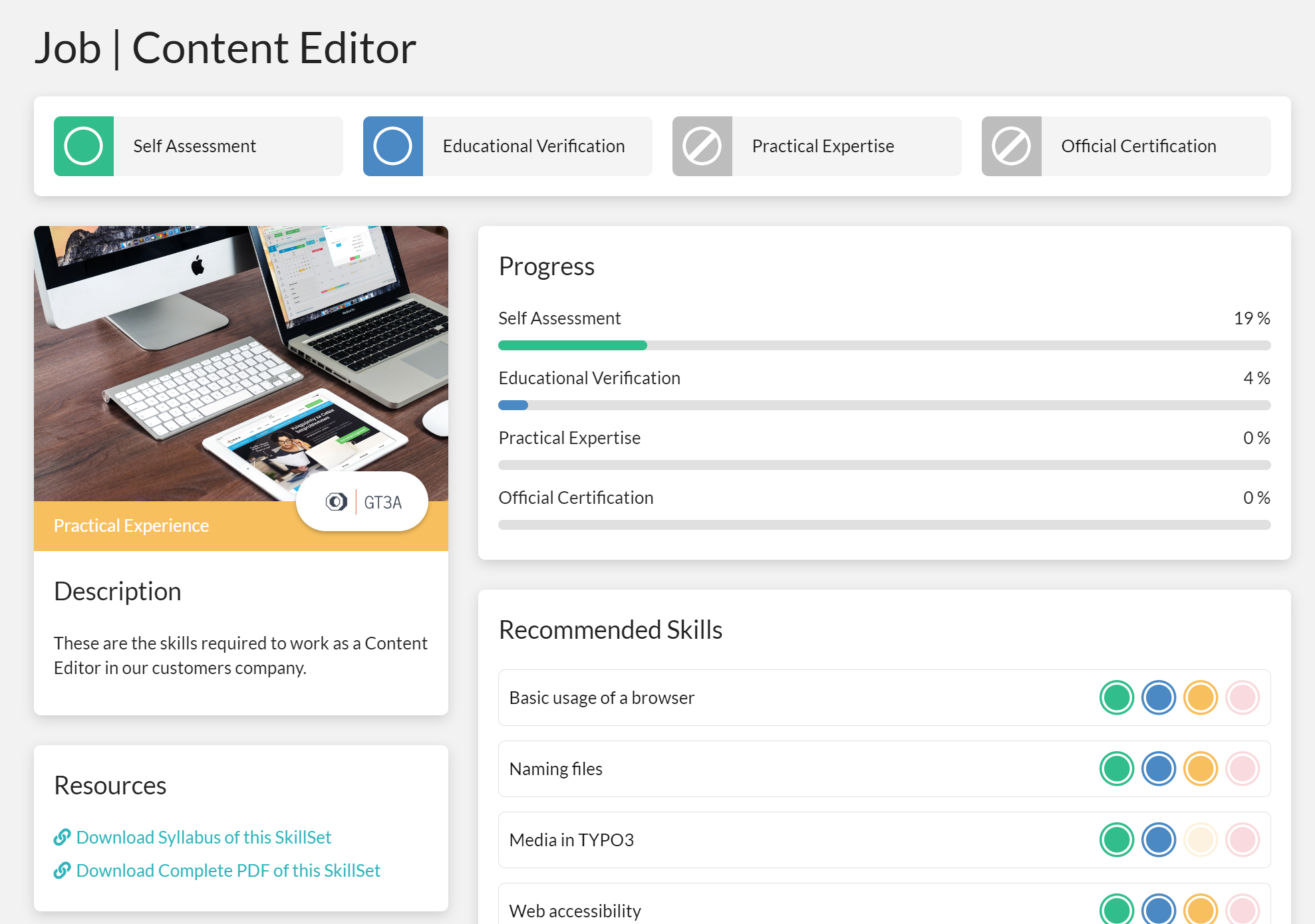 Ein Screenshot der SkillDisplay-Plattform. Wir sehen ein SkillSet mit der Beschreibung und den notwendigen Fähigkeiten, um ein TYPO3 Content Editor zu werden.