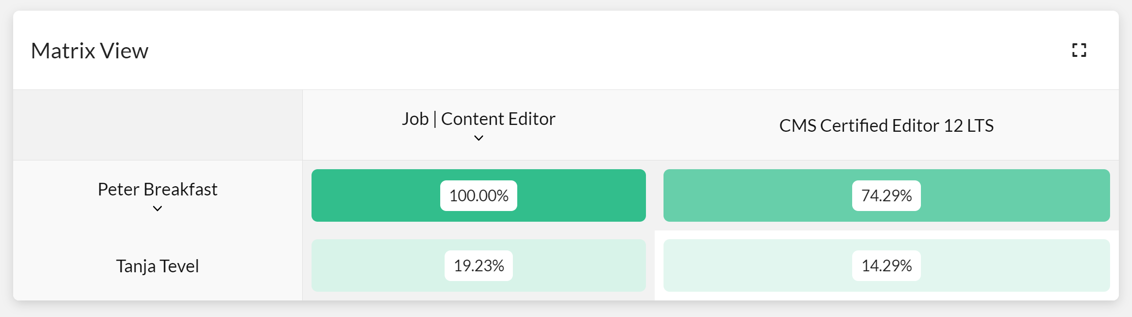 The SkillDisplay skill matrix comparing the skills of 2 employees in regards to an open job position and official certification