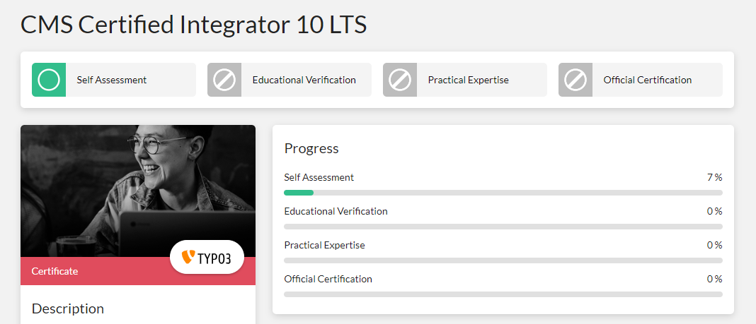 A screenshot of the official certification SkillSet for the TCCI. The green Self Assessment bar indicates a learning progress of 7 % towards official certification