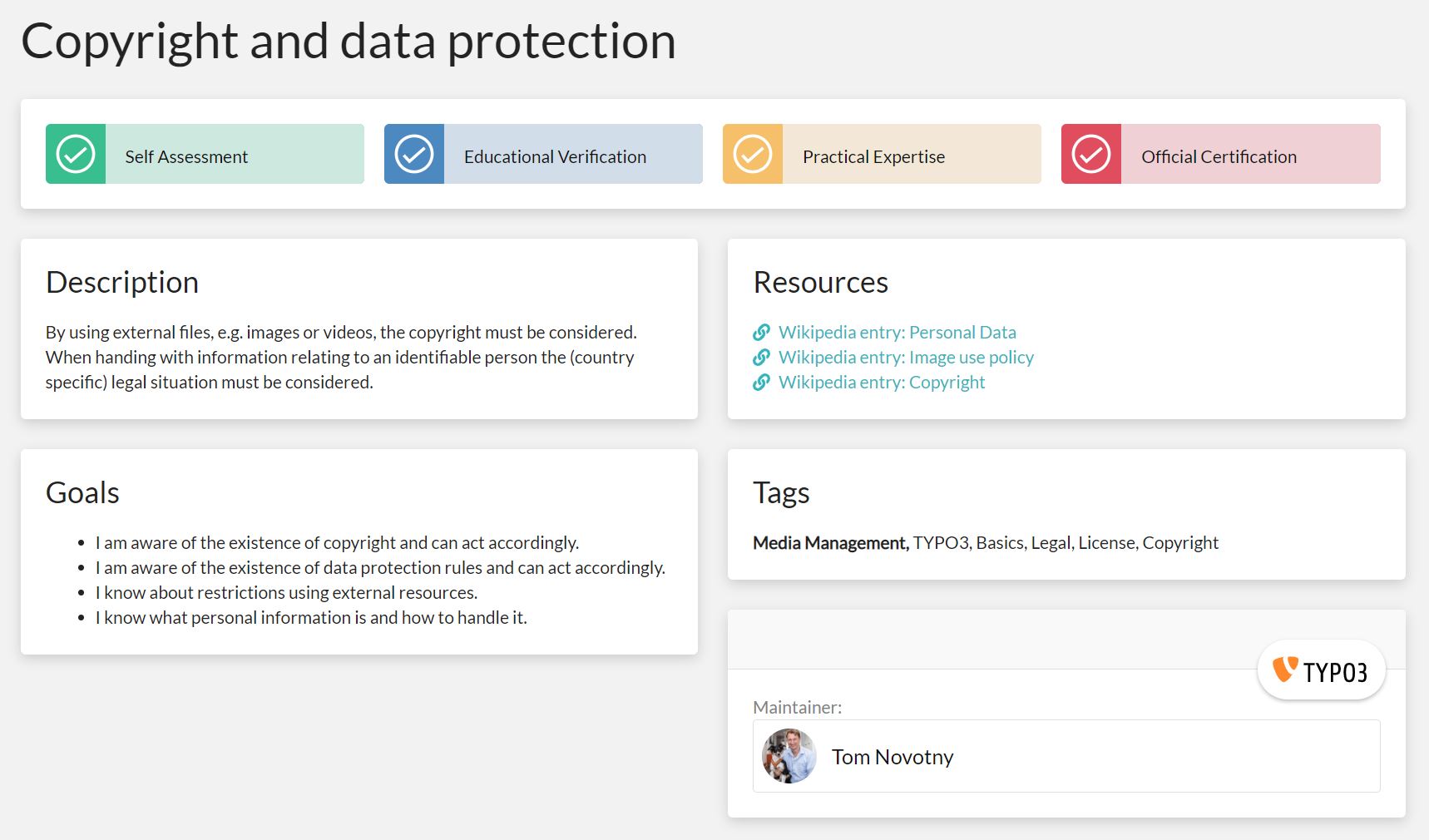 A single skill view for the skill "Copyright and Data Protection". The view features the description, goals, resources, tags and maintainer, as well as the stakeholder verification buttons.