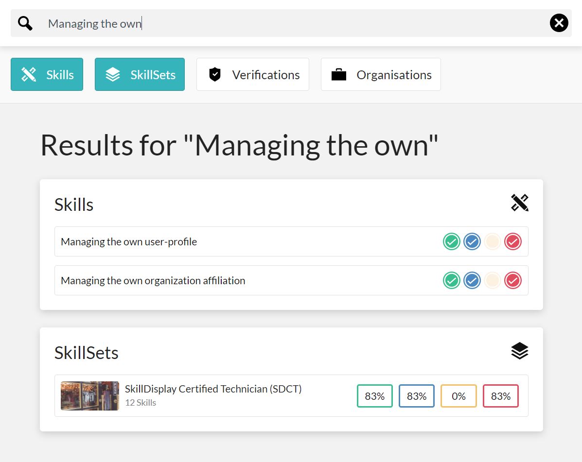 SkillDisplay app search A filtered result in the SkillDisplay app when searching for the term "managing the own". The result shows two matching skills, as well as one SkillSet, each indicating the users progress in the respective SkillSets. A filter bar indicates that the search was filtered to show Skills and SkillSets only, omitting Verifications and Organisations