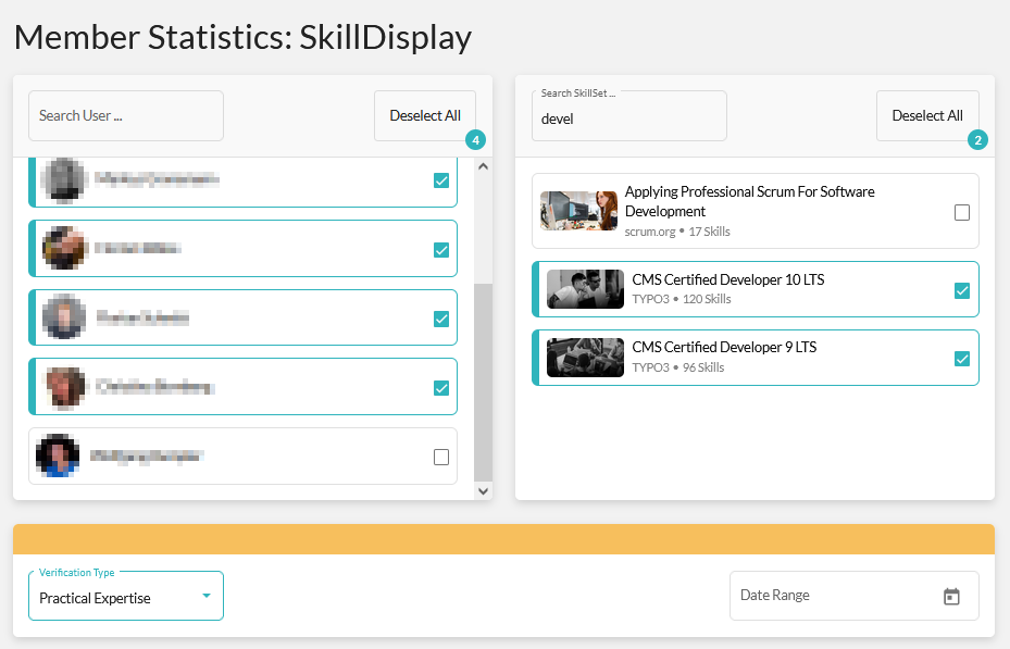 Organization member statistics selection view A screenshot of the user interface, showing a section where organization members skills can be matched with selected skillsets. Additional options allow filtering for personal progress, educational verification, practical experience and certification.