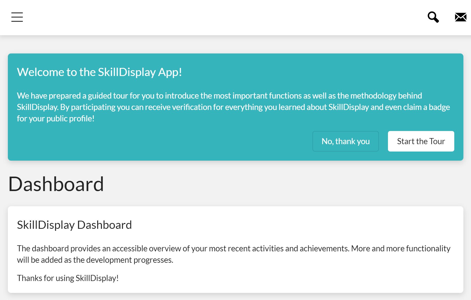 The SkillDisplay Dashboard showing a promt to start the tour through the app