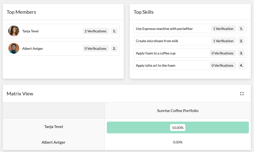 SkillDisplay Matrix view showing the skills of employees for the Sunrise Coffee Portfolio SkillSet