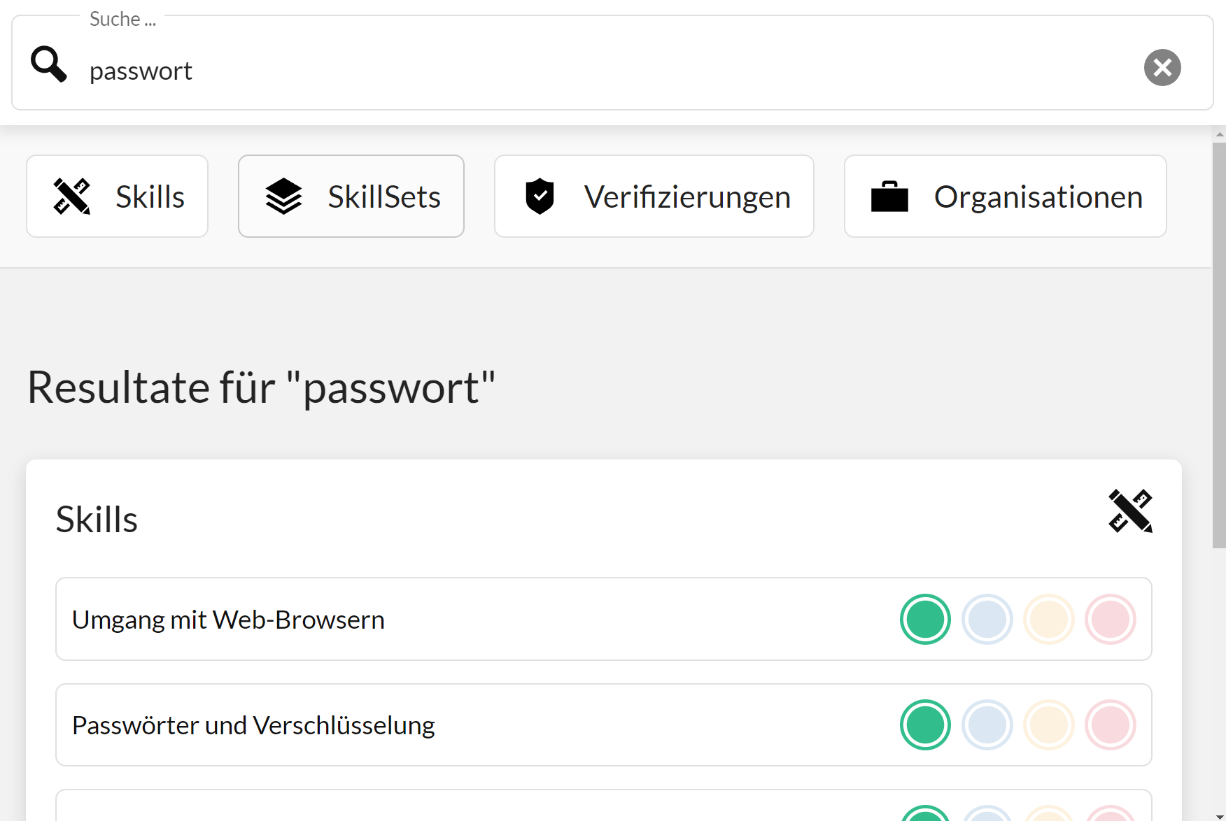 Eine SkillDisplay-Suche mit den Suchergebnissen für den Suchbegriff „Passwort“