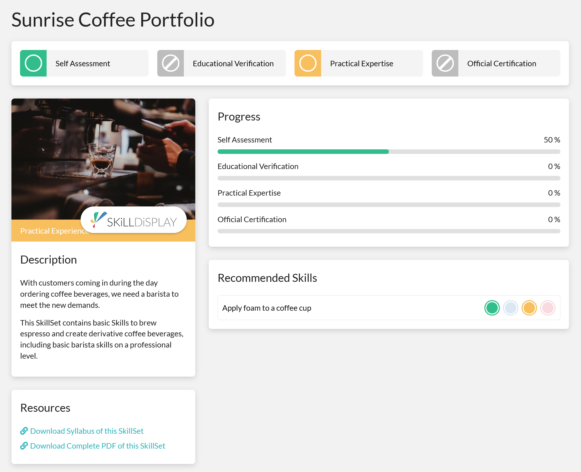 The SkillSet view of the Sunrise Coffee Portfolio on SkillDisplay, depicting the users progress via a green indicator bar