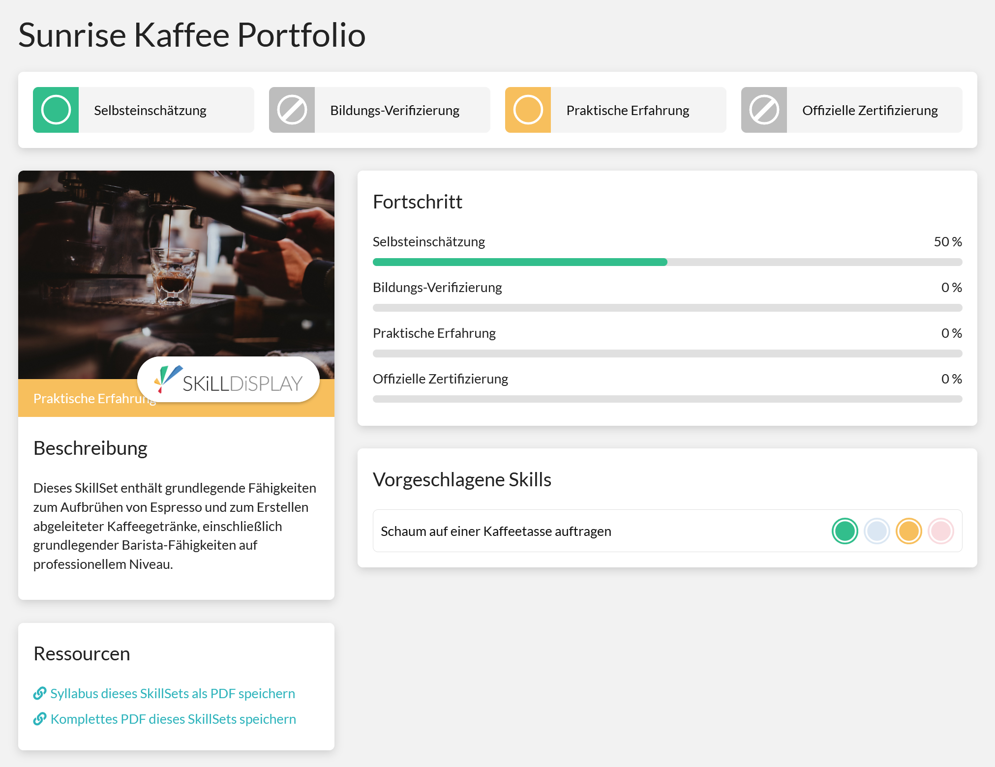 Die SkillSet Ansicht des Sunrise Kaffee Portfolios auf SkillDisplay, die den BenutzerInnen Fortschritt mittels einer grünen Fortschrittsanzeige darstellt