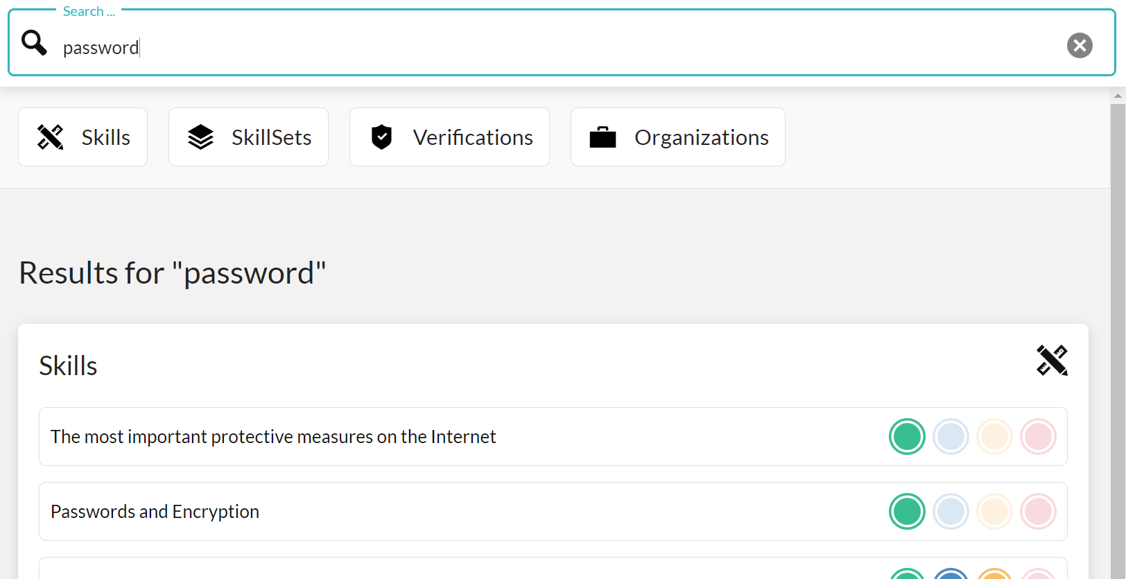 A SkillDisplay search showing the search results for the keyword "Password"