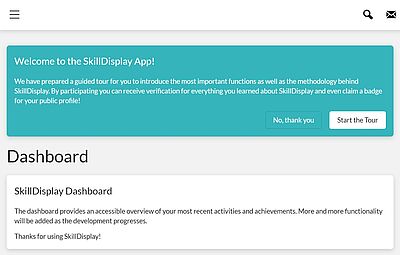 Das SkillDisplay Dashboard das eine Infobox mit der Möglichkeit zum Starten der Tour zeigt