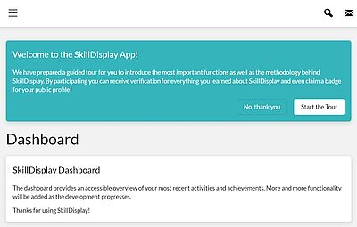 The SkillDisplay Dashboard showing a promt to start the tour through the app