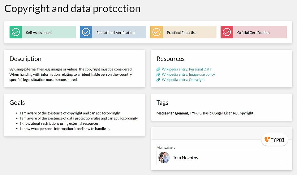 Single Skill View A single skill view for the skill "Copyright and Data Protection". The view features the description, goals, resources, tags and maintainer, as well as the stakeholder verification buttons.